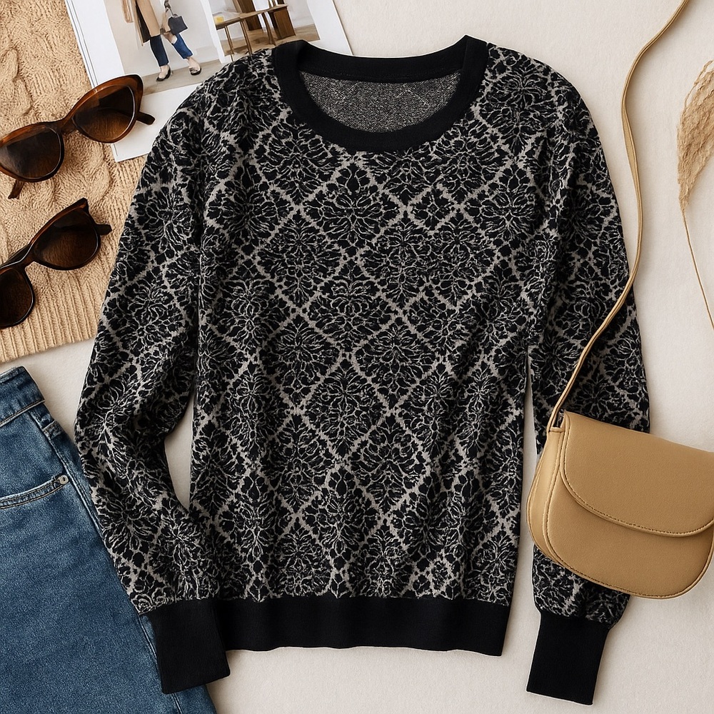 New York & Company Black & Gray Damask Knit Pullover Sweater Size Medium